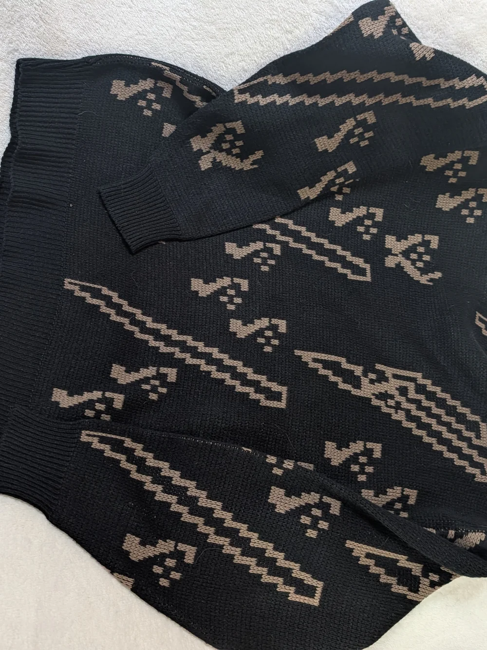 Men's Black and Taupe Patterned Pacific Club Vintage Sweater Leather Details XL